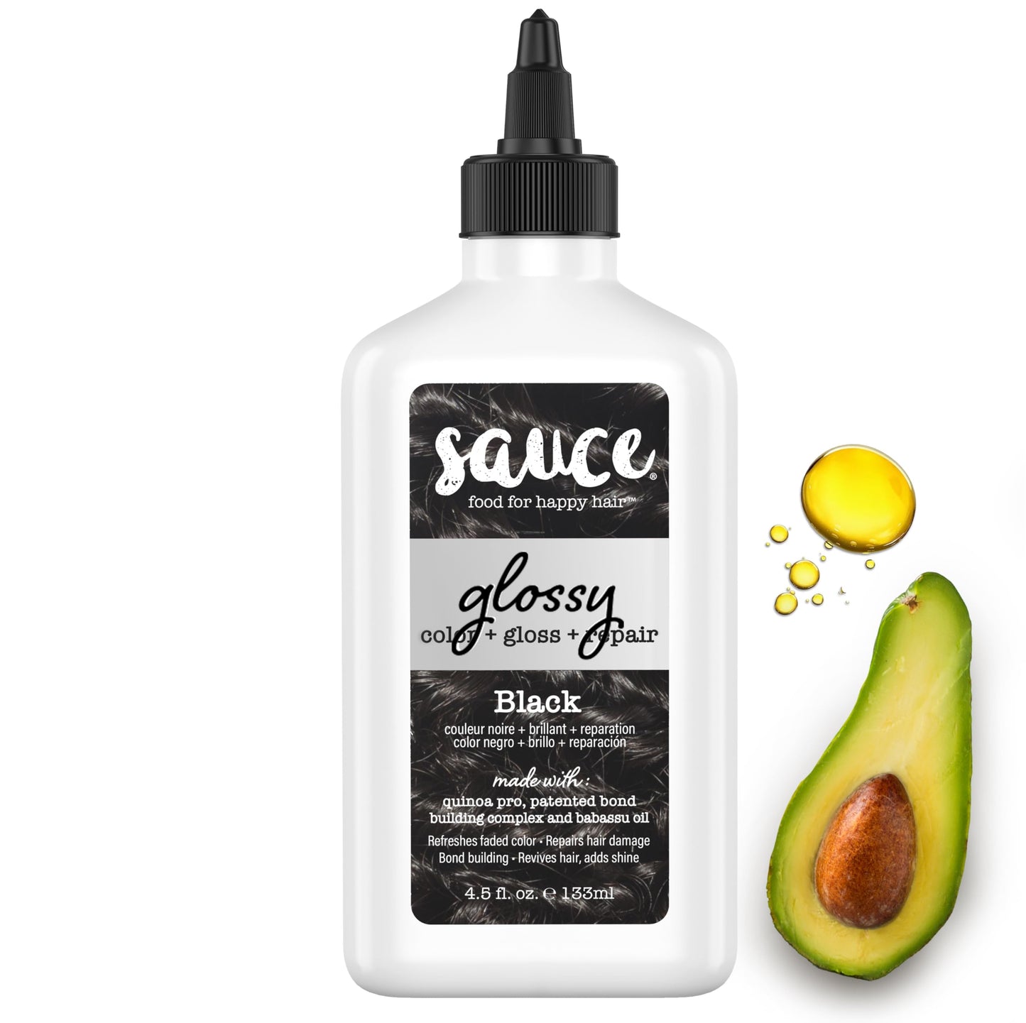 Sauce Beauty Glossy Color + Gloss + Repair, Black, Semi Permanent Hair Dye with Bond-Building and Color-Fade Protection Technology, Adds Shine & Deep Moisture, Lasts 4-8 Weeks, Stops Fade