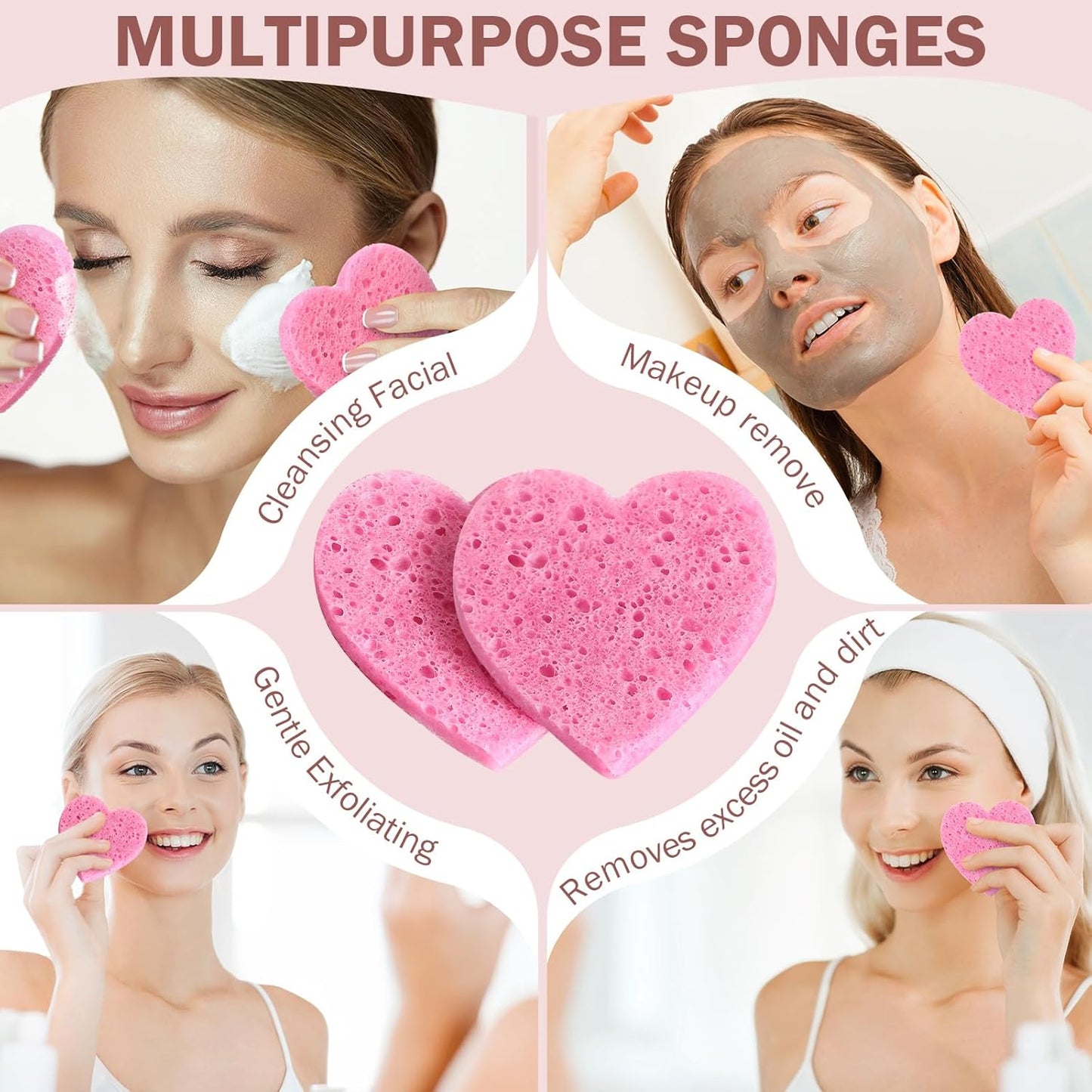 Heart Shape Facial Sponges - 300 Count Compressed Cleansing Pads | Natural Exfoliating for Estheticians (Pink)