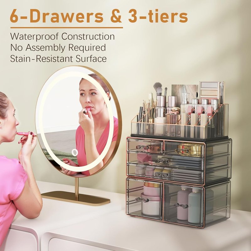 3-Tier 6-Drawer Makeup Organizer - Countertop Cosmetic Storage for Dresser & Vanity | Black with Gilded Borders