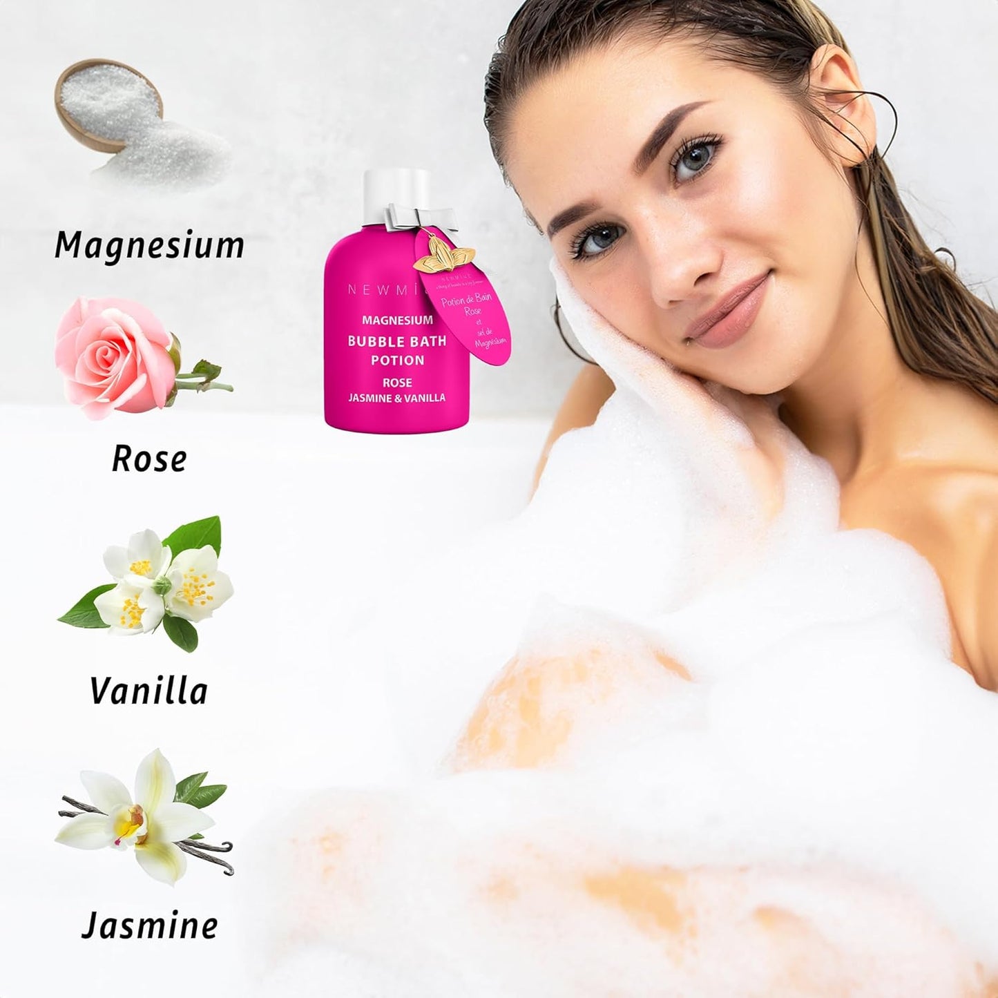 Magnesium Bubble Bath - Relaxing Rose Jasmine Vanilla Foam for Sore Muscles | Moisturizing Epsom Salt Spa Gift for Women
