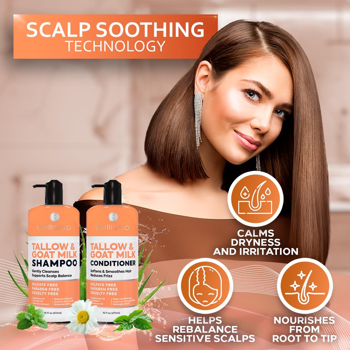 Beef Tallow Shampoo and Conditioner Set with Goat Milk - Sulfate Free Moisture for Women and Men - For Dry, Itchy Scalp - Hydrating, Thickening, Volume Care for Thinning Hair - 16 Fl Oz (Pack of 2)