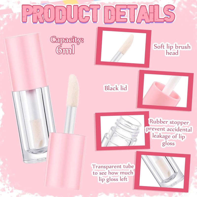 Empty Lip Gloss Tubes - 30 Pcs Pink 6ml Refillable Containers with Wand & Rubber Stoppers | DIY Makeup Kit