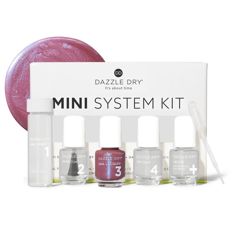 Dazzle Dry Mini Kit - 4 Step Nail System for Full Coverage Shimmer | School Spirit Mauve with Blue Shimmer (5 Piece Set)