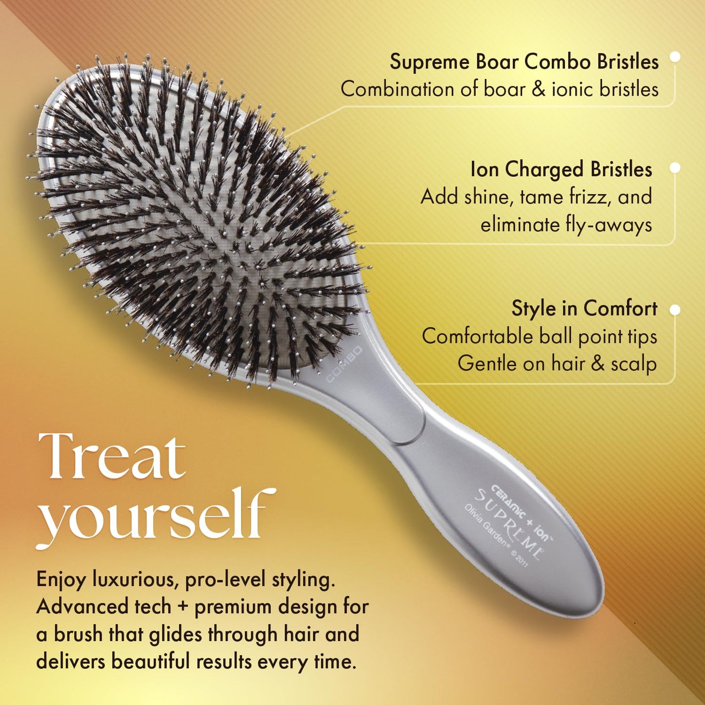 Olivia Garden Ceramic + Ion Supreme Paddle Hair Brush for Men and Women - Professional Boar Bristle Hair Brush for All Hair Lengths - Frizz-Free Results