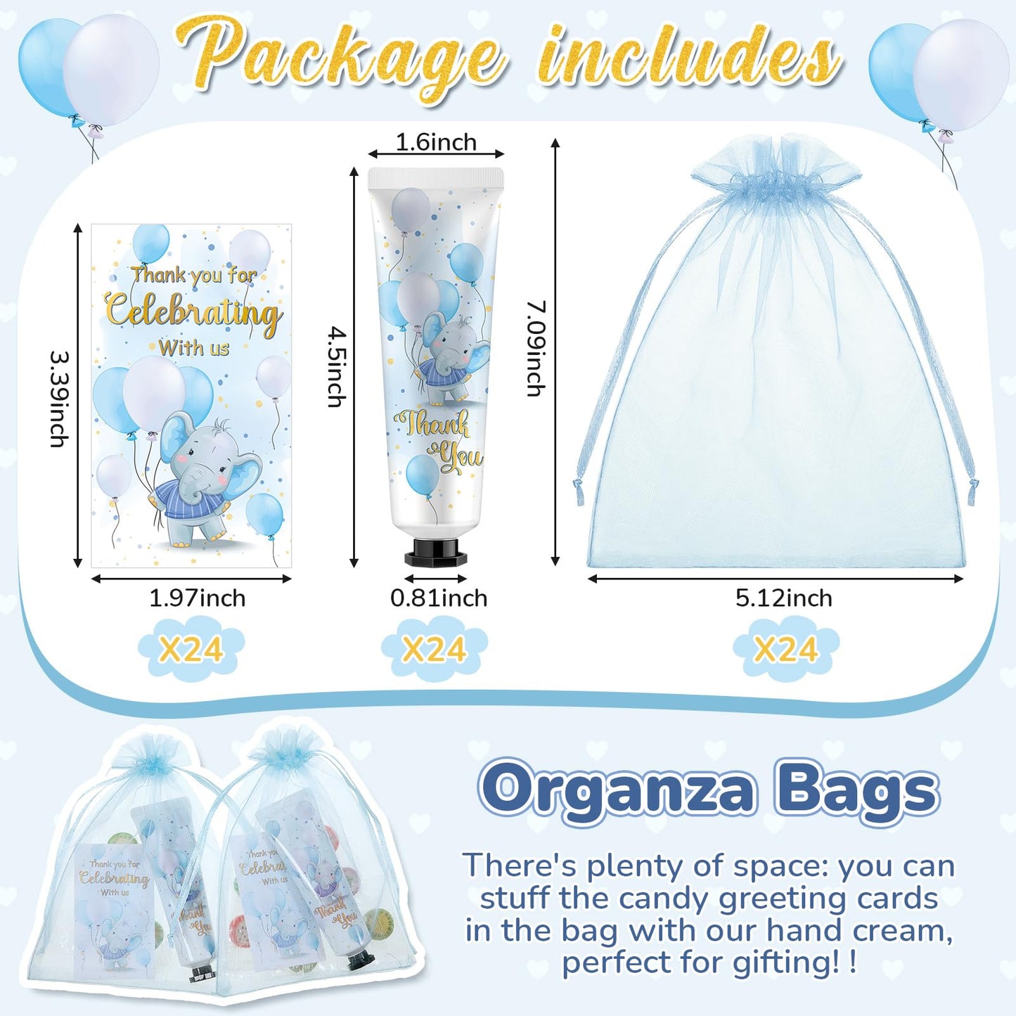 Swiffen 24 Sets Baby Shower Hand Cream Bulk Blue Elephant Shower Favors Bridal Thank You Appreciation Hand Cream for Guests Travel Size Lotion with Organza Bags