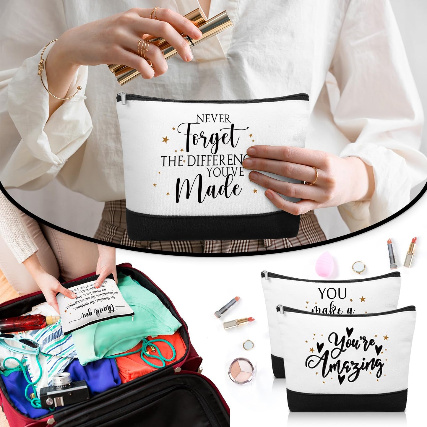 Cunno 30 Pcs Employee Appreciation Gifts Inspirational Canvas Makeup Bags Bulk Cosmetic Pouch with Zipper Travel Toiletry Organized for Women Coworkers Staff, 6 Style(Classic)