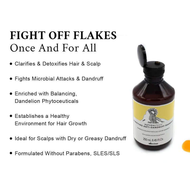 Davines Naturaltech Purifying Shampoo - Clarifying Anti-Dandruff Cleanser with Dandelion | 8.45 Fl Oz