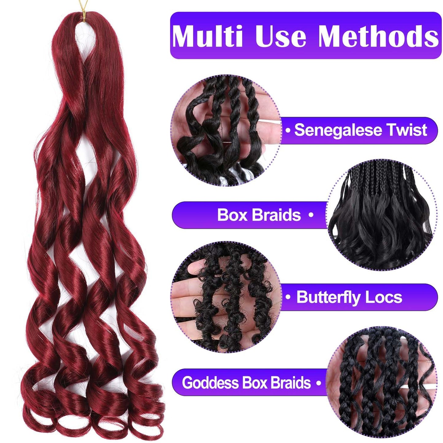 French Curly Braiding Hair 8 Packs Loose Wavy Braiding Hair Pre Stretched Bouncy Synthetic French Curl Braiding Hair Extensions for Women (Burgundy, 18 Inch)