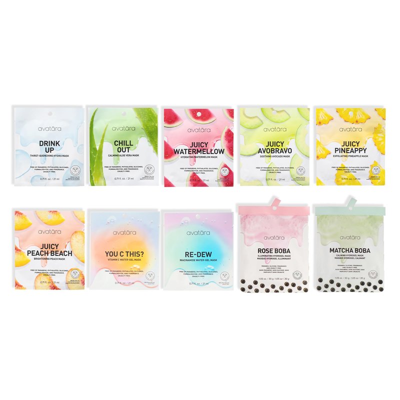 Avatara Face Mask Variety 10-Pack - Hydrating Korean Beauty Sheet Masks with Watermelon, Peach, Aloe, and Honey - Cruelty-Free Sheet Masks for Tween, Teen and All Skin