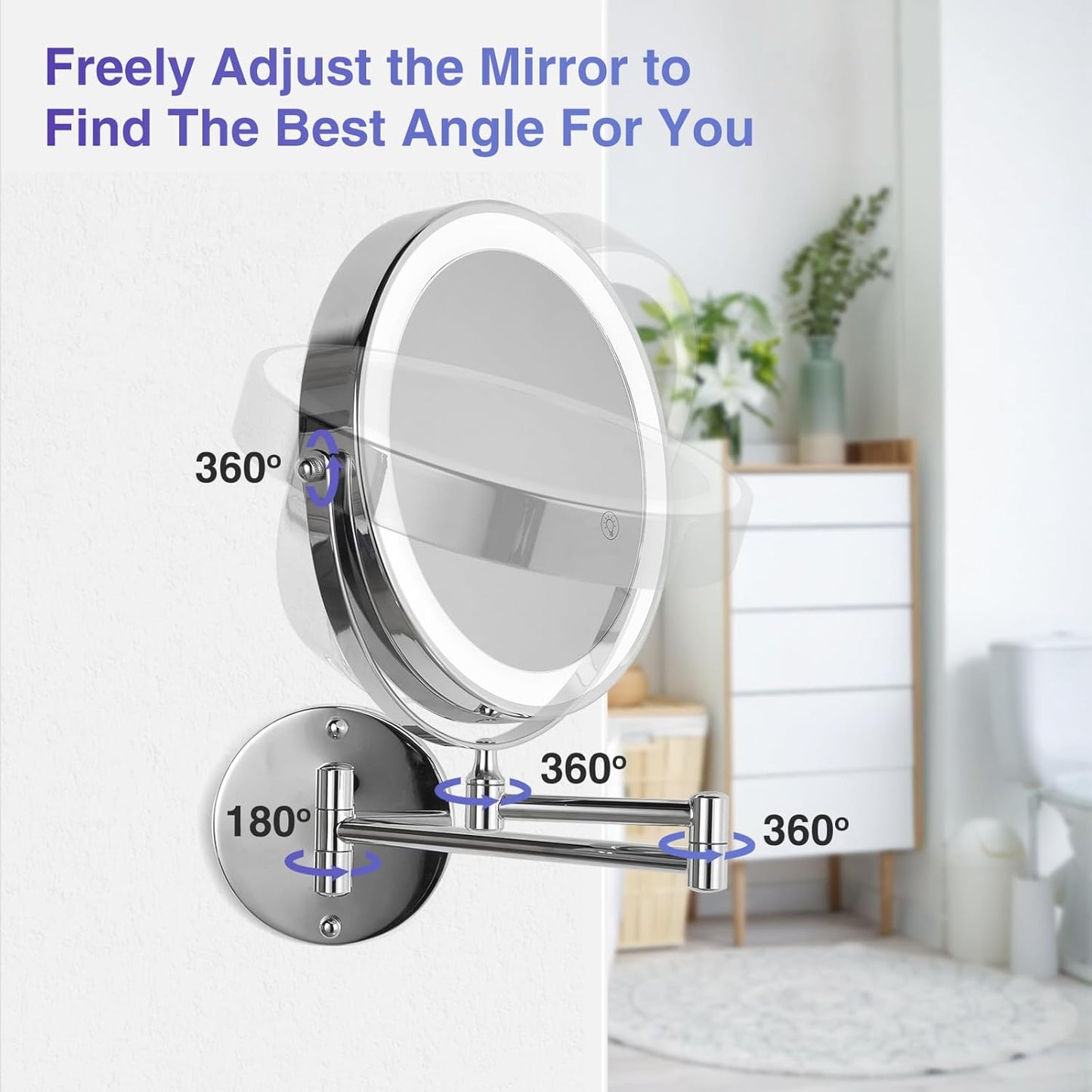 Wall Mounted Lighted Makeup Mirror - 8.5 Inch Double-Sided with 1X/15X Magnification | Chrome Finish for Vanity and Bathroom