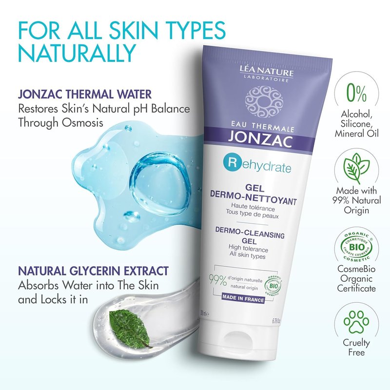JONZAC Eau Thermale Rehydrate Organic Dermo Cleansing Gel - Gentle Daily Facial Cleanser - Sensitive Skin Approved - Leaves Skin Feeling Smooth & Hydrated - 6.75 Fl Oz