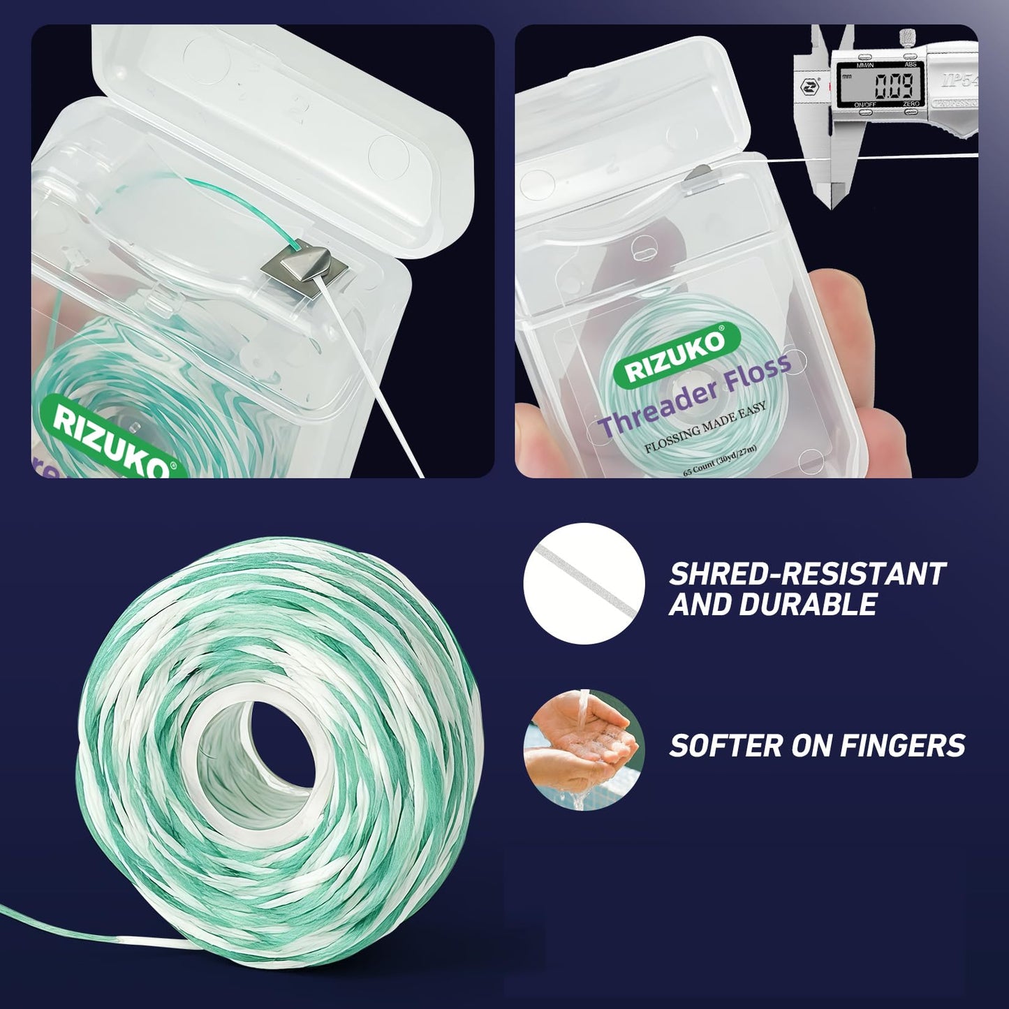 Threader Floss,2-in-1 Dental Floss for Braces, Bridges & Implants,Easy Threading Design,130 Count PTFE & PFAS Free Expanding Floss for Deep Cleaning (65 Count(Pack of 2), Light Mint)