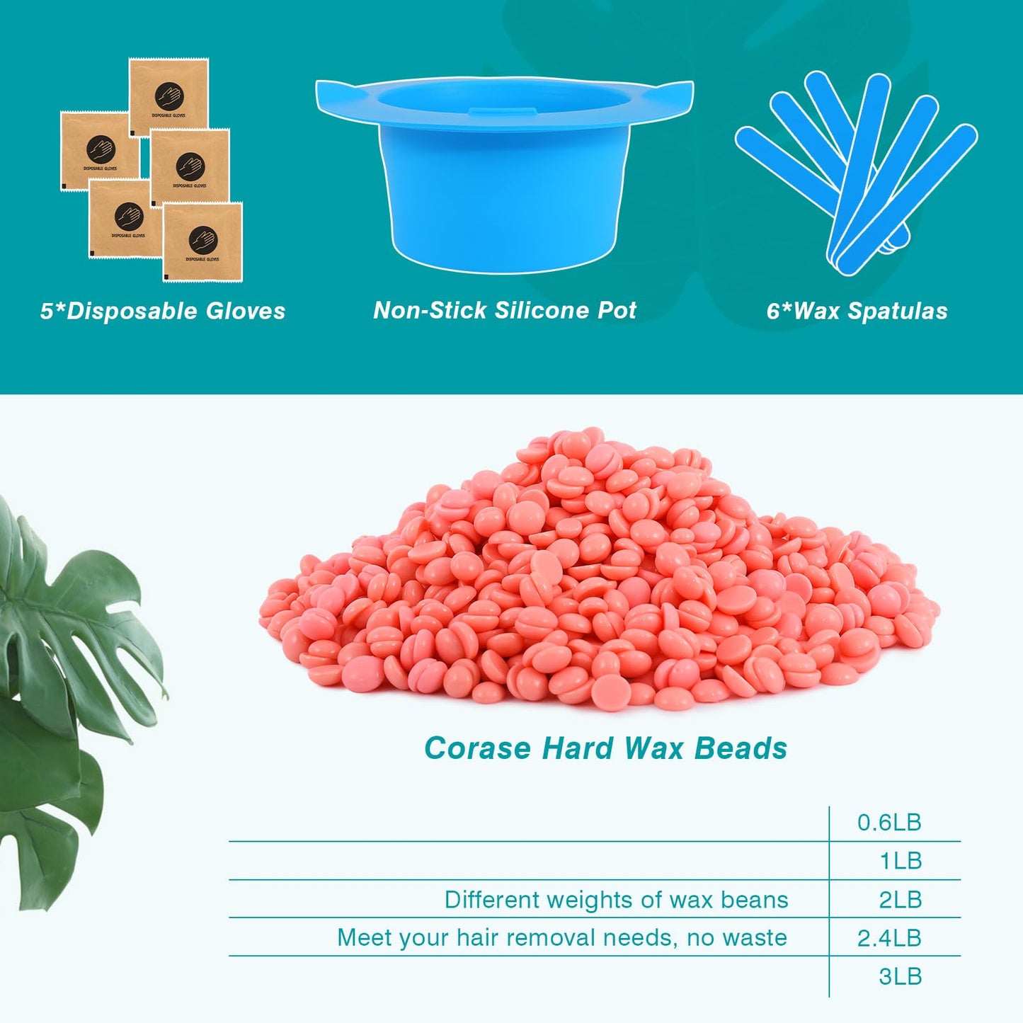 2.4 lb Hard Wax Beads Bulk, Professional Rosin-Free Brazilian Waxing Bead, Hypoallergenic Hair Removal Wax Bead for Sensitive Skin, Body, Bikini, Legs, Wax Beans Refill, 1 Silicone Pot and 5 Sticks