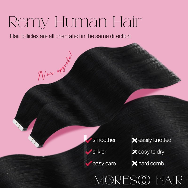 Moresoo Black Tape in Hair Extensions Human Hair Invisible PU Tape in Extensions Straight Glue in Extensions Remy Human Hair Extensions Glue in Straight Hair 18 Inch #1 20pcs 50g
