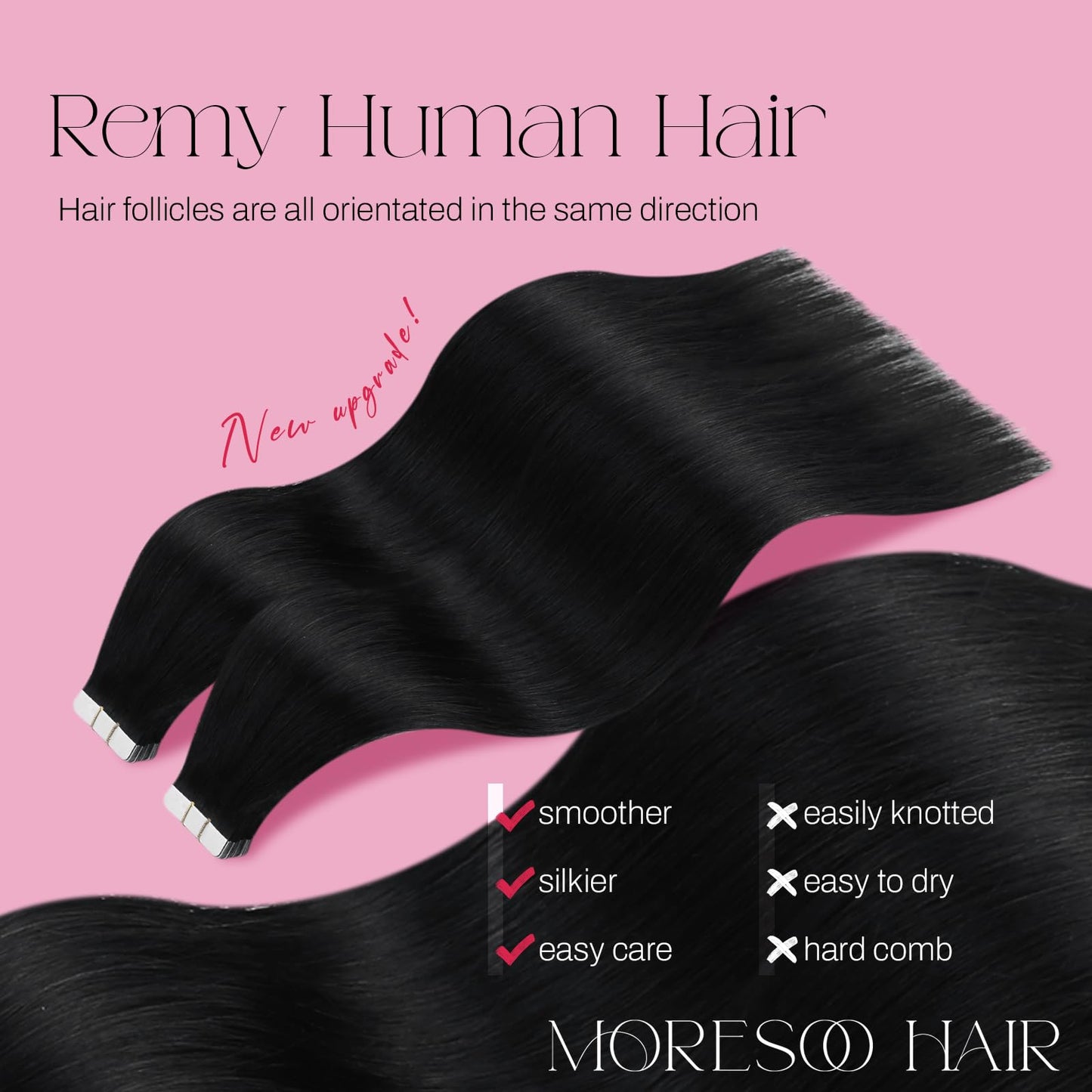 Moresoo Black Tape in Hair Extensions Human Hair Seamless Hair Extensions Tape in Jet Black Extensions Human Hair Glue in Real Hair Glue in Human Hair 22 Inch #1 20pcs 50g