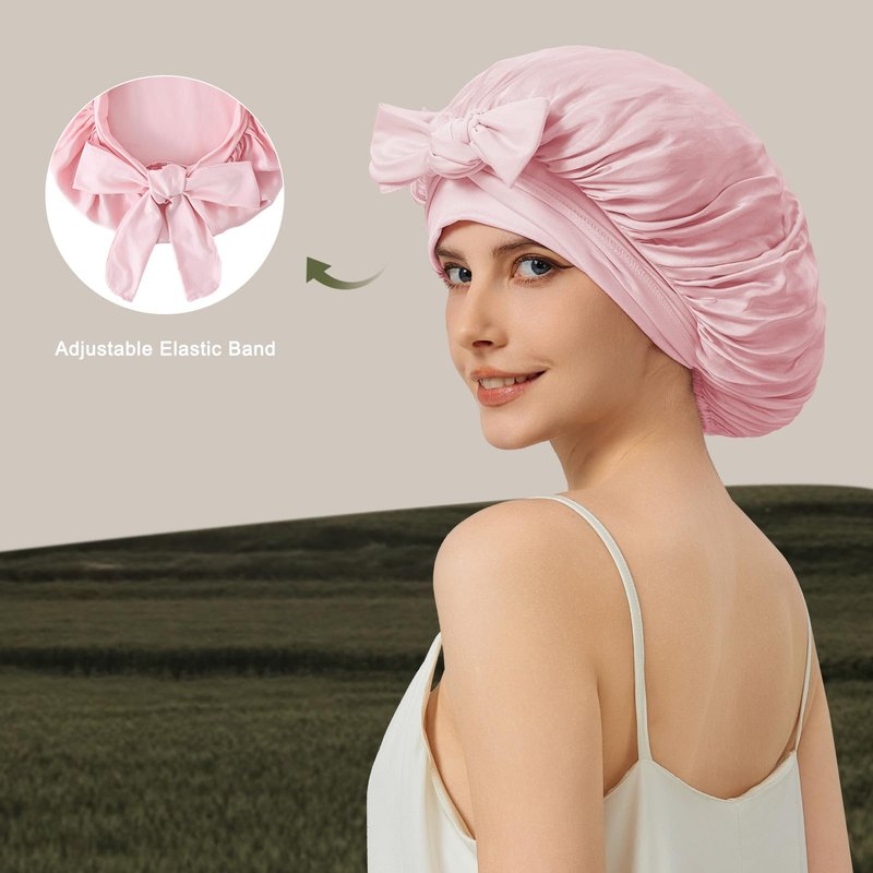 100% Mulberry Silk Bonnet for Sleeping for Women, 22 Momme Grade-6A Single-Layer Silk Bonnet Hair Wrap for Curly Hair Sleep Cap with Soft Long Elastic Bands(1PCS,Pink)