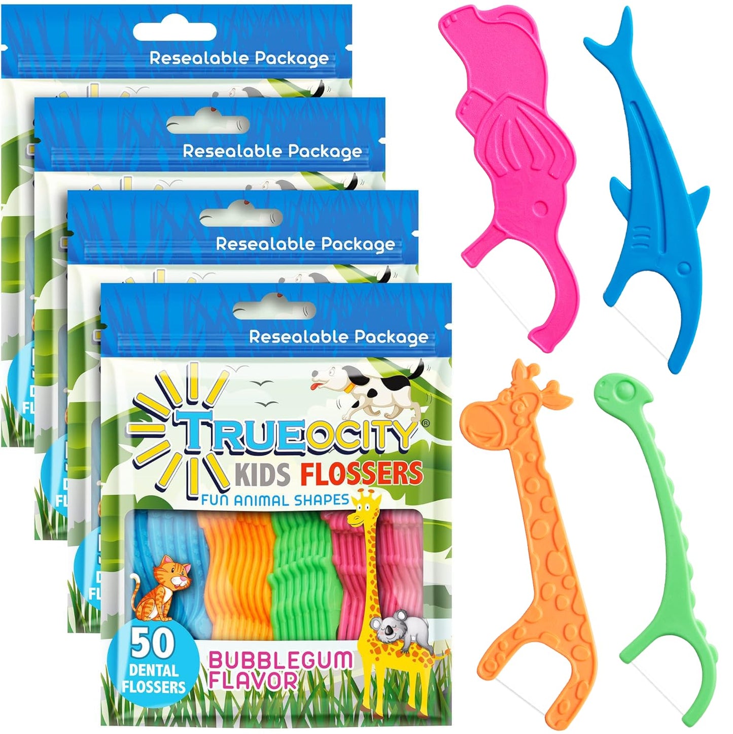 Kids Flossers 4 Pack (200 Count) – Fun Animal-Shaped Floss Picks for Kids, Bubble Gum Flavor, Easy Glide Between Teeth, Helps Prevent Tooth Decay & Gum Disease