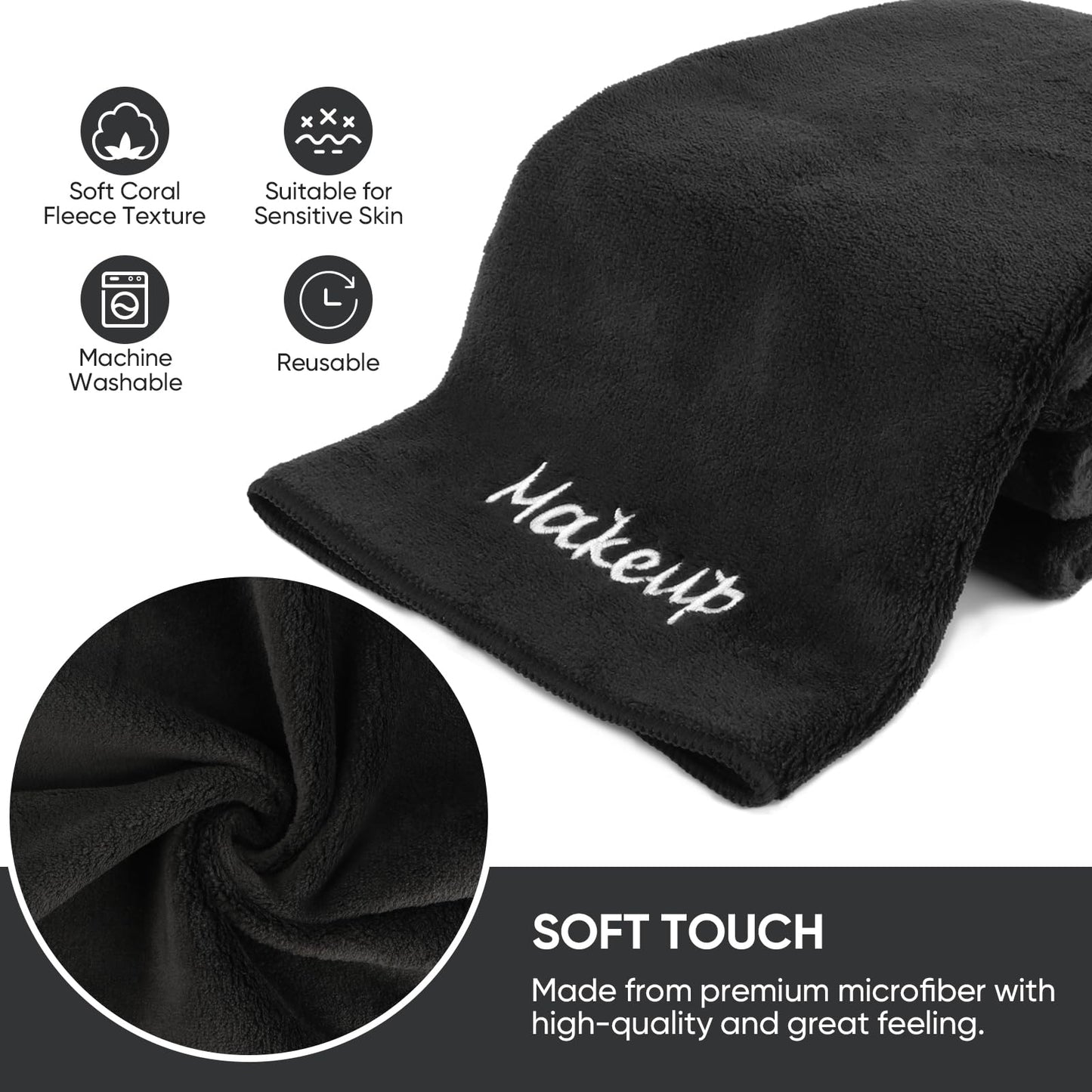 UNIMADE Makeup Remover Cloth, 24 Pack Black Facial Wash Cloths, Soft Coral Fleece Microfiber Towel for Face, Hand, and Bathroom(13" x 13")