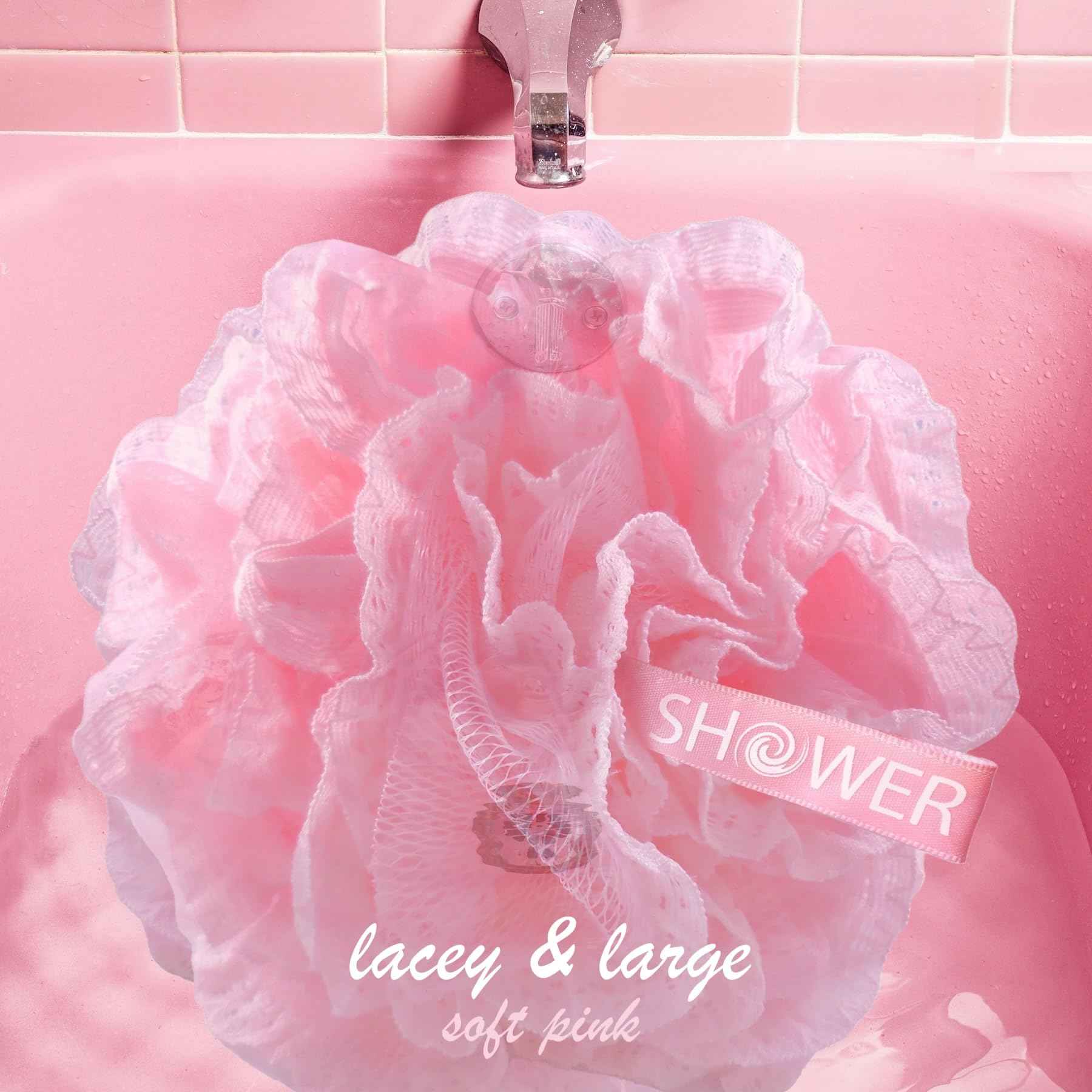 Loofah-Bath-Sponge Lace-Mesh-Set // 2-Scrubs-in-1 by Shower Bouquet/Large Full 60g Pouf (4 Pack Spa Colors) Body Luffa Loofa Loufa Puff - Exfoliate, Cleanse Skin with Luxurious Bathing Accessories