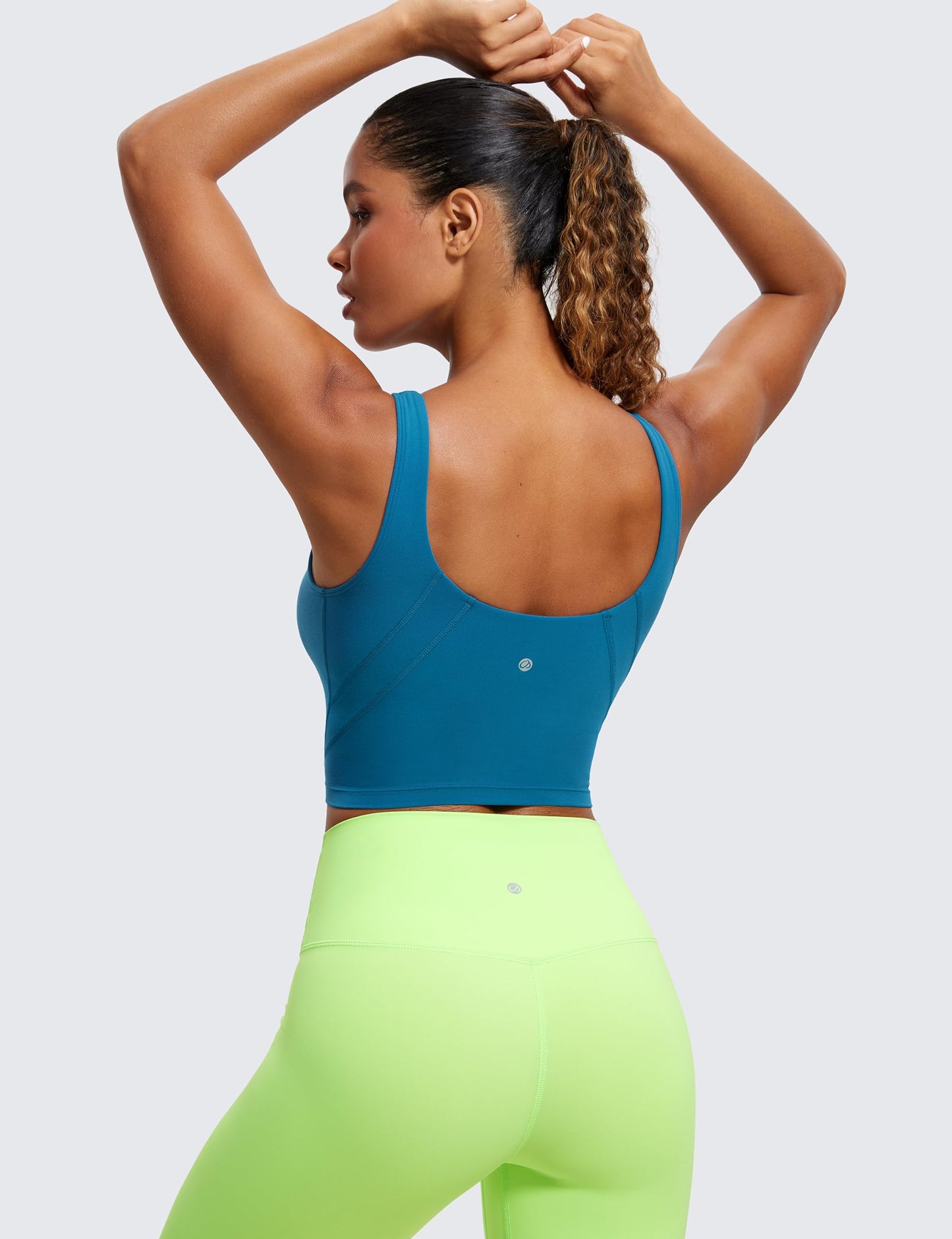 CRZ YOGA Butterluxe Womens V Neck Longline Sports Bra - U Back Padded Crop Workout Tank Tops with Built in Pads Super-Sonic Blue Small