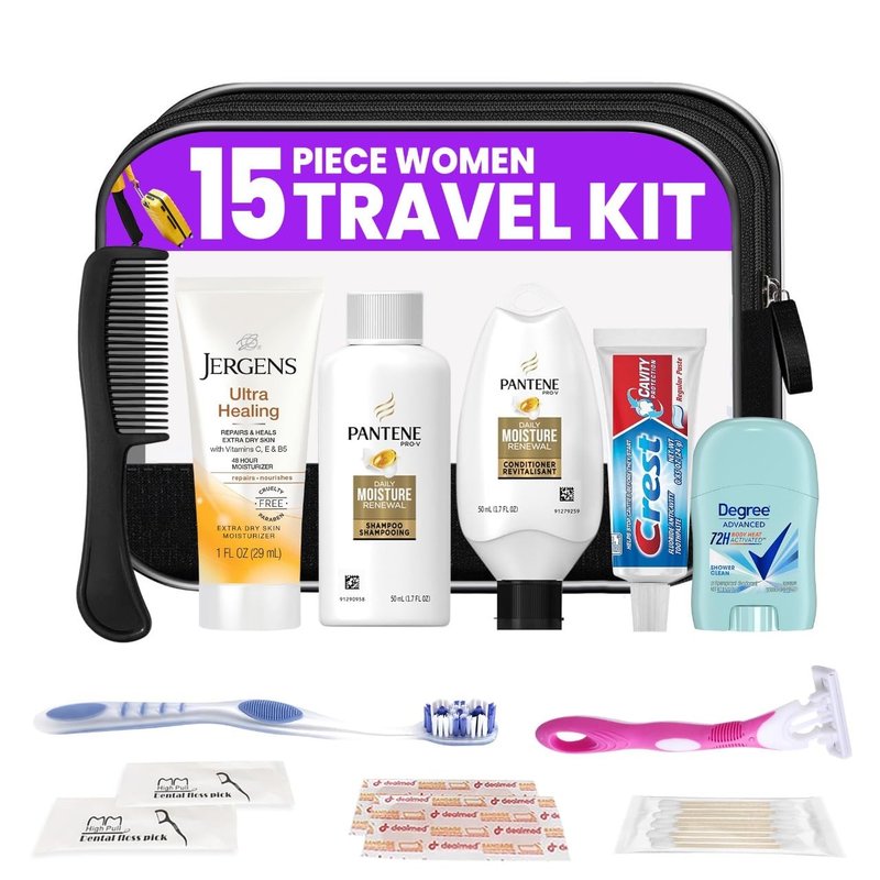 TrekTote Travel Essentials Kit for Women - 15-Piece TSA Compliant Toiletry Set | Includes Shampoo, Conditioner & More
