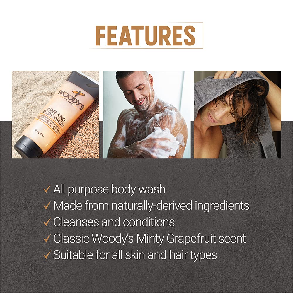Woody's Hair and Body Wash for Men – 2-in-1 Cleanser & Body Wash, Deep Cleansing, Hydrating, Refreshing Scent, Sulfate-Free, 10 fl oz, 1 Pack