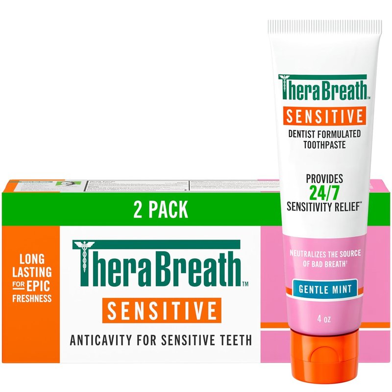 TheraBreath Sensitive Toothpaste - 24/7 Sensitivity Relief with Fluoride | Gentle Mint, 4 Oz, 2-Pack