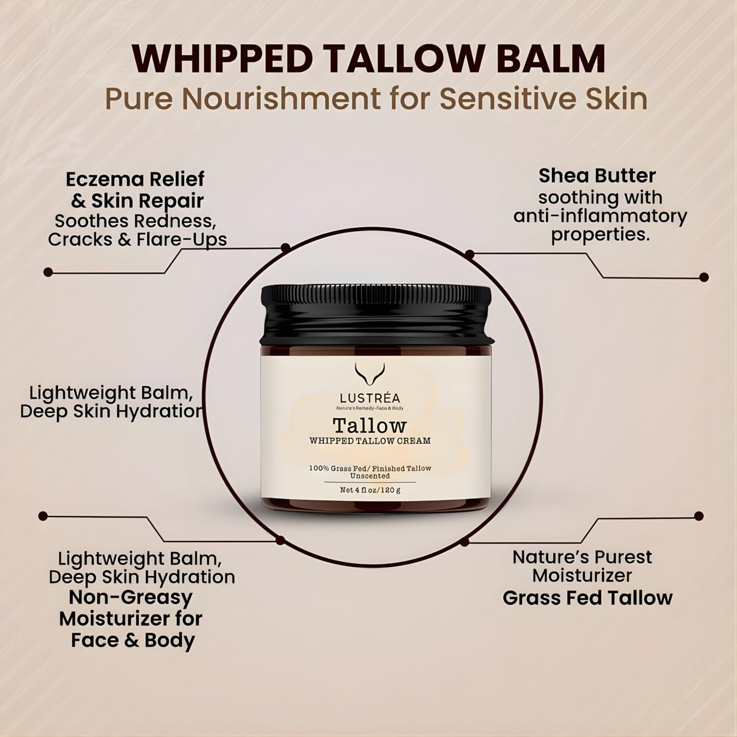 LUSTRÉA Whipped Tallow Cream for Face & Body 4oz (120g) Unscented | Grass Fed Beef Tallow Face Cream | Hydrating Face Cream for Sensitive Skin | Non-Greasy Skin Moisturizer | Multi-Use Body Balm