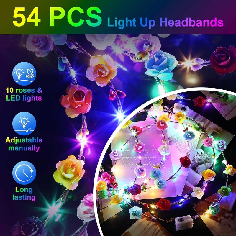 LED Flower Crowns - 54 PCS Light Up Headbands for Women | Glow in the Dark Party Accessories for Weddings, Halloween & Cosplay