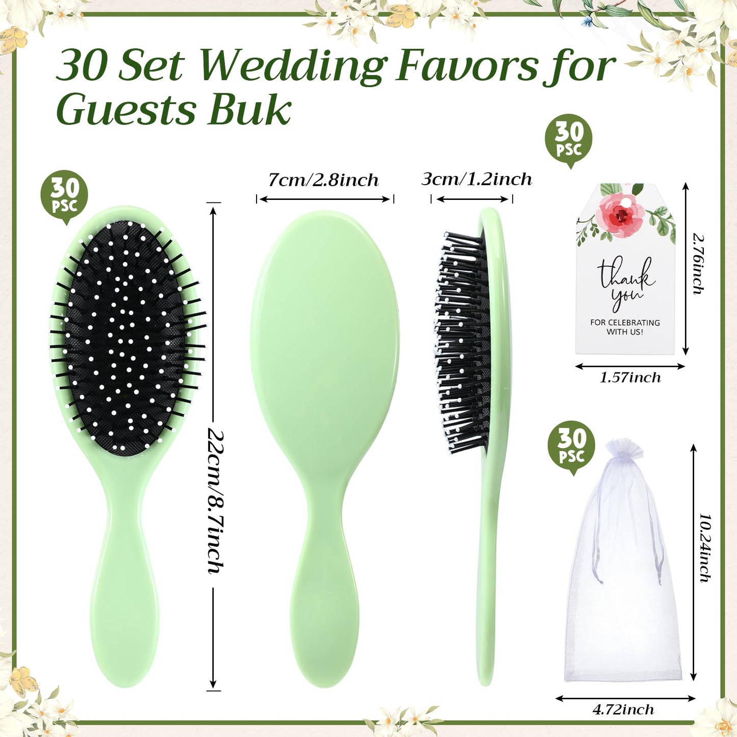 Yiyiring 30 Sets Bridal Shower Hair Brush Favors for Guests Sage Green Wet Detangling Brush bulk with Organza Bags Thank You Card for Wedding Baby Shower Party Gifts for Women