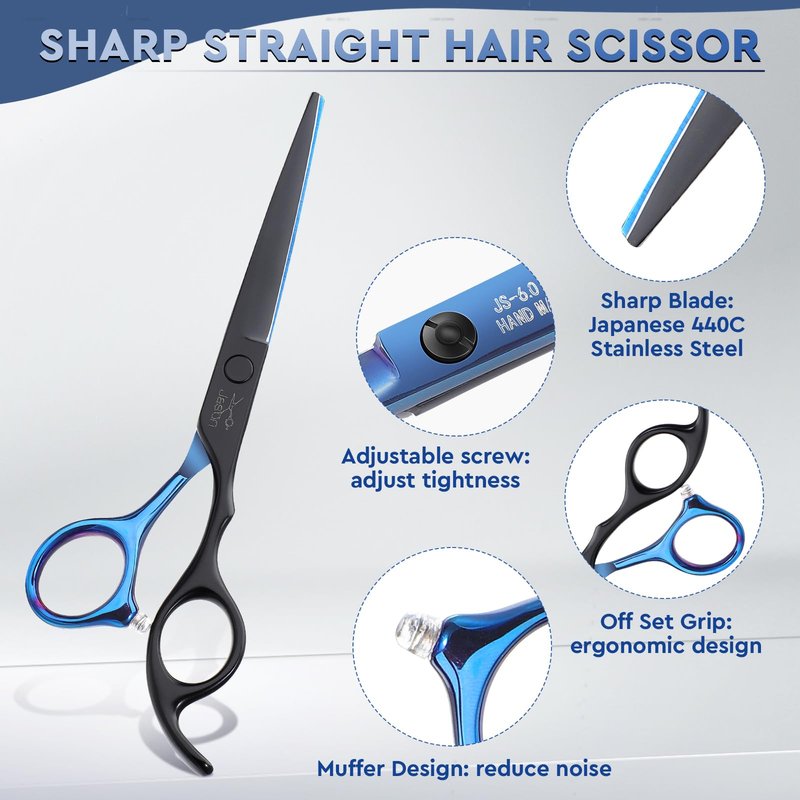 JASON Hair Cutting Scissors Kit - Professional 10 PCS Haircut Scissors Set with Thinning Texturizing Scissors, Straight Shears for Men Women Home Salon Barber 6" Black & Blue