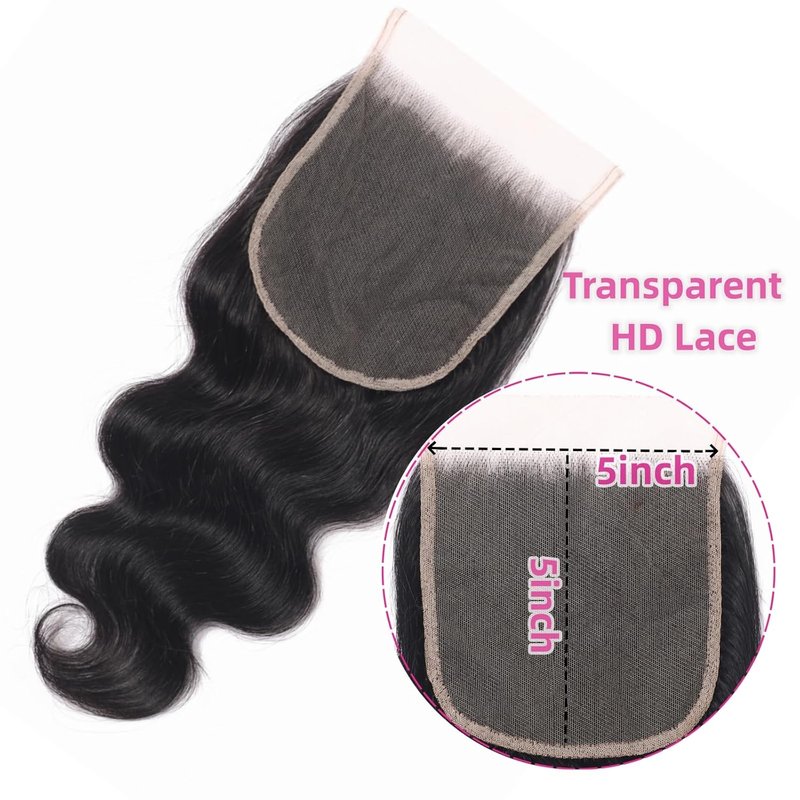5x5 Transparent HD Lace Closure - Body Wave Human Hair, Pre-Plucked, Natural Black | 16 Inch