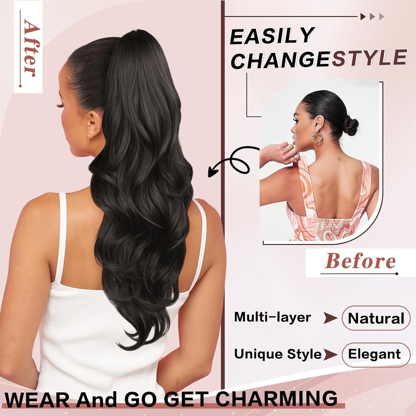 Ponytail Extension - 23 Inch Dark Brown Wavy Drawstring Hairpiece | Synthetic Clip-In for Women
