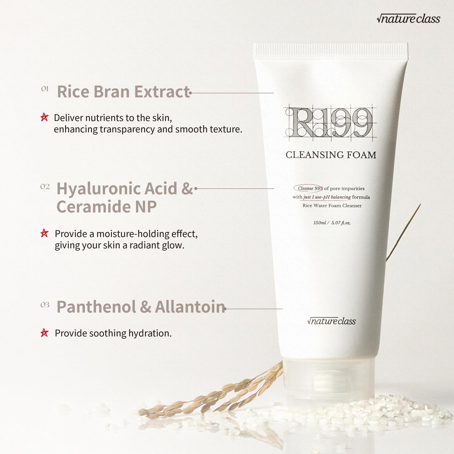 NATURECLASS R199 Rice Enzyme Cleansing Foam – Deep Cleanser for Sensitive Skin, Blackhead & Pore Care, Double Cleansing, Aloe & Hyaluronic Acid, Korean Skin Care, Fragrance Free, 5.07 fl oz