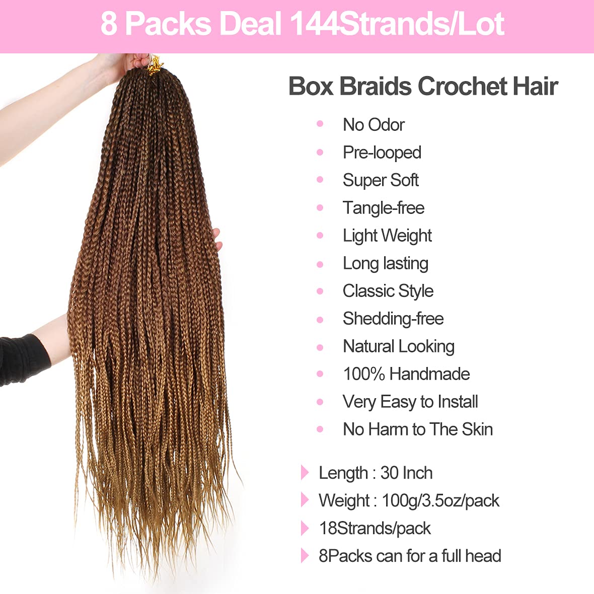 Unionbeauty 30 Inch 8 Packs Box Braids Crochet Hair Natural Black Pre-looped Medium Knotless Goddess Box Braids Synthetic Braiding Hair Extension for Woman 144 Strands 1B#