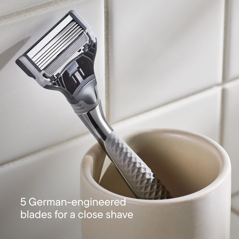 Harry's Original Shaving Kit for Men - Razor Handle, 5 Razor Blade Refills, Foaming Shave Gel, Travel Blade Cover - TSA Approved Travel Essentials - German Engineered - Chrome Edition