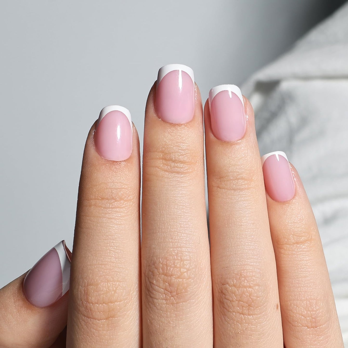 French Tip Press On Nails - Pink and White French Tip Press On Nails Short Square, Reusable Glossy Fake Nails Kit with Glue, 30 Pieces in 15 Sizes