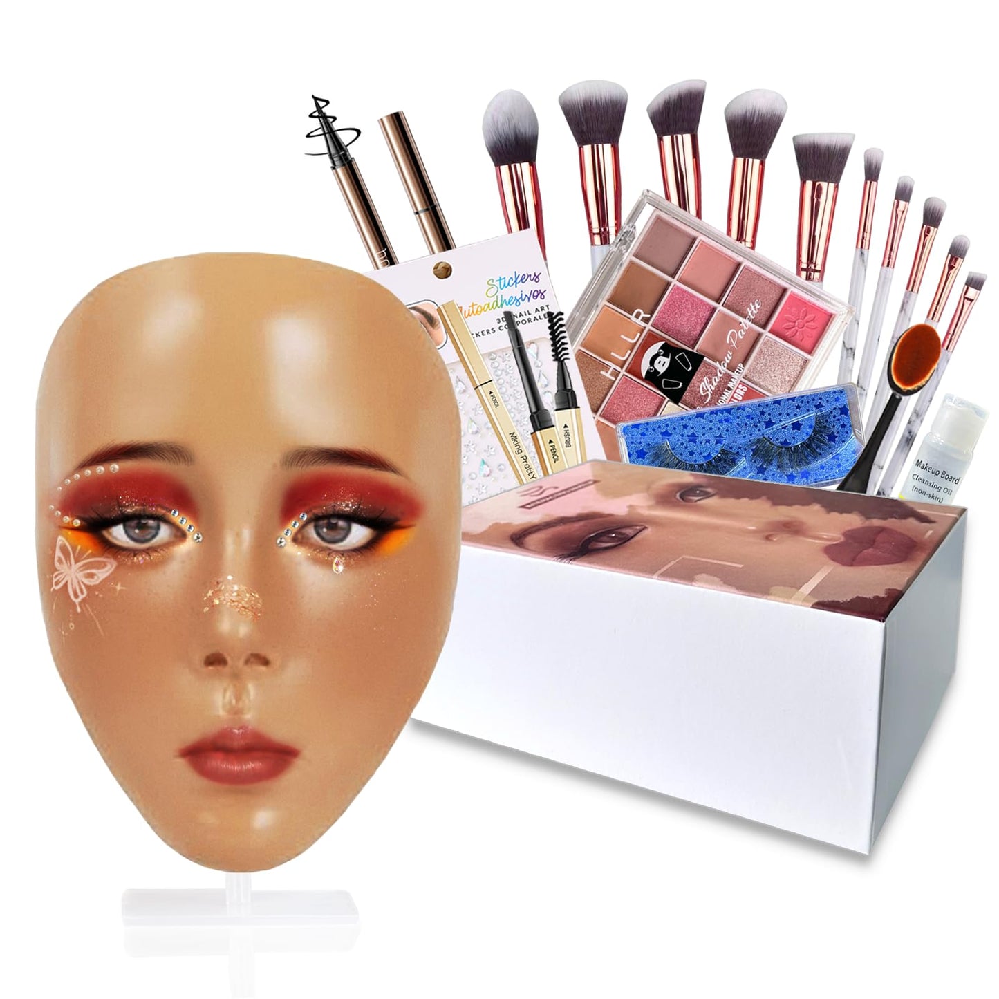 Penugo Makeup Mannequin Face Kit, Silicone Face for Makeup Practice Full Face for Must Haves, Mannequin Eye Face for Makeup Practice with Makeup Brushes Set & Eye Shadow & Eyebrow Pencil(Wheat)