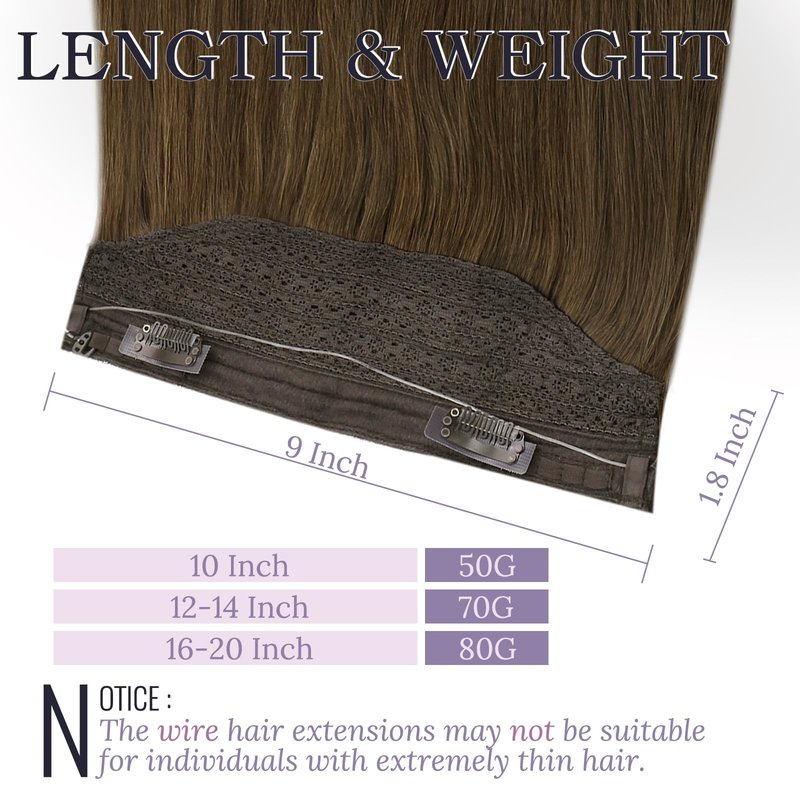 Fshine Invisible Wire Hair Extensions, 10 Inch 56g Medium Brown Color, Layered Hairpiece with Transparent Fish Line, Short Straight Remy Human Hair for Women