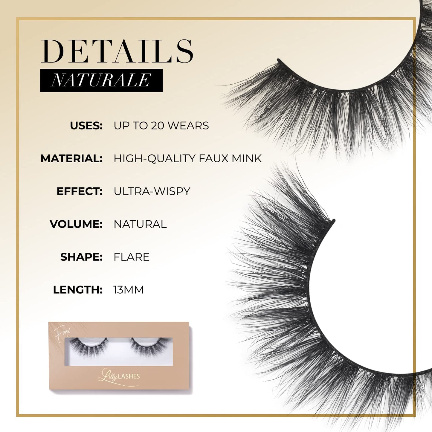 Lilly Lashes Naturale Faux Mink Cat Eye Eyelashes - Reusable Wispy 13mm Black Pair