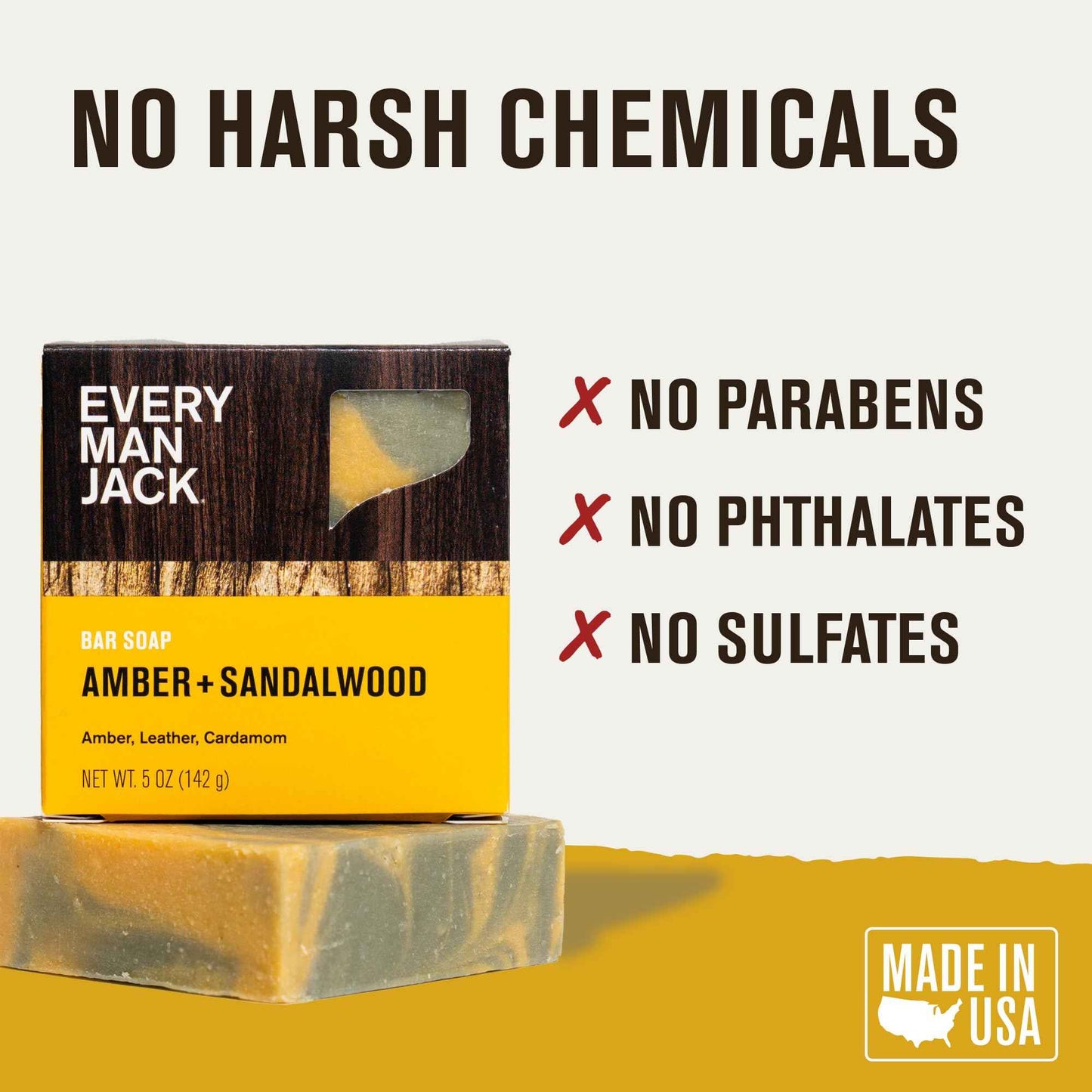 Every Man Jack Cold Processed Mens Bar Soap - Subtle Amber + Sandalwood Scent - Deeply Cleans & Hydrates w/Naturally Derived Ingredients - (3 Pack)