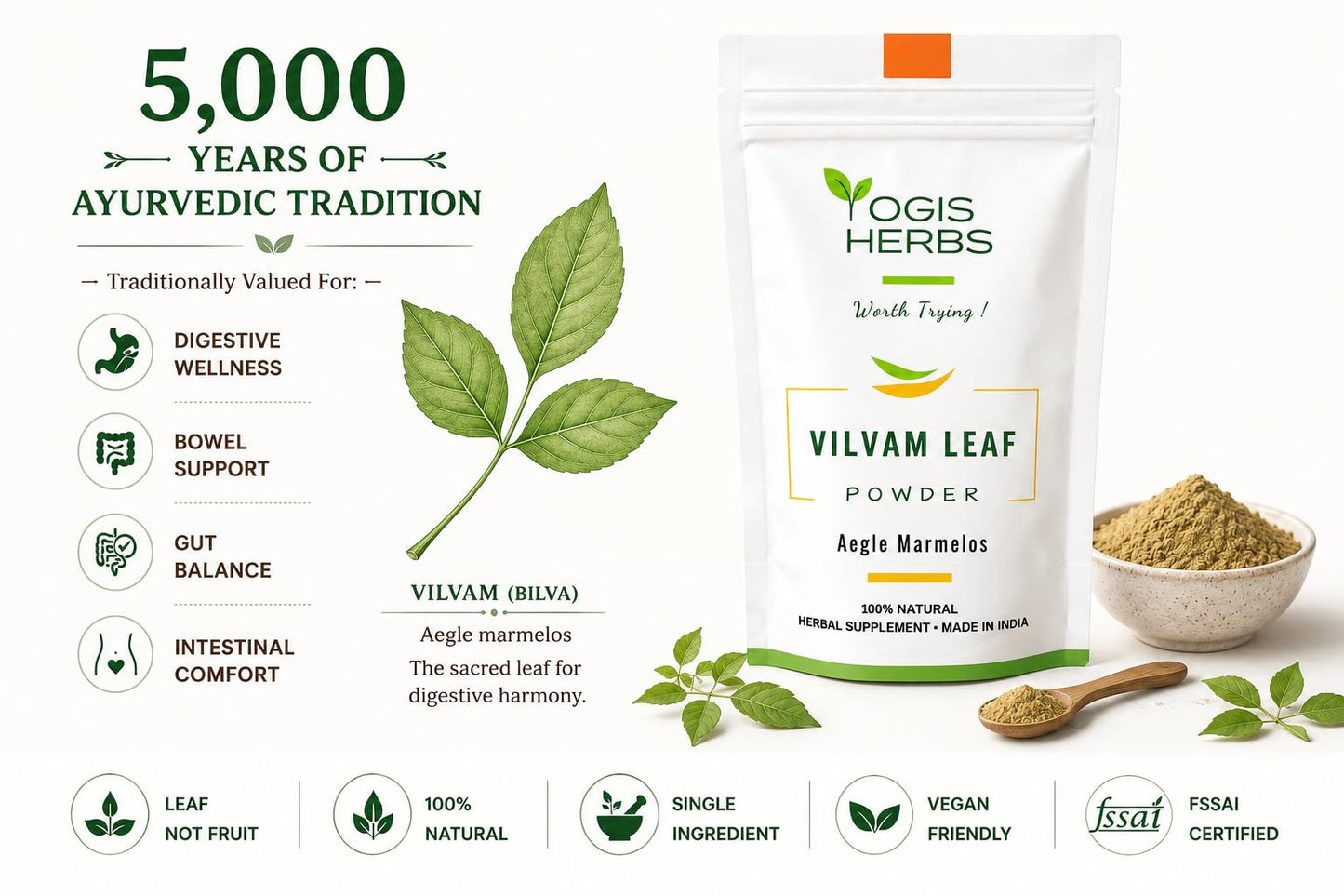 YOGIS HERBS Vilvam Leaf Powder, Bilva (Aegle marmelos/Bael) — Traditional Ayurvedic Herb for Digestive Wellness, Bowel Support & Gut Balance — Stone-Ground Pure Leaf, Single-Ingredient