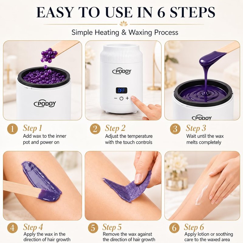 PODOY Mini Wax Warmer - Switchable Display, Portable for Hair Removal with 100 Wax Sticks, Non-Stick Waxing Kit for Women's Face and Body, Professional Melter Machine