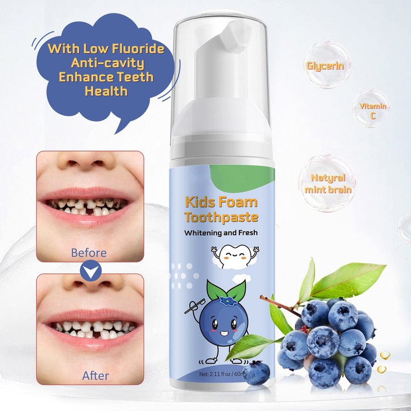 Foam Toothpaste Kids, Toddler Toothpaste with Low Fluoride, Kids Toothpaste for U Shaped & Electric Toothbrush, Foam Toothpaste for Children Ages 3 Plus (4PCS, Strawberry+Orange+Watermelon+Blueberry)