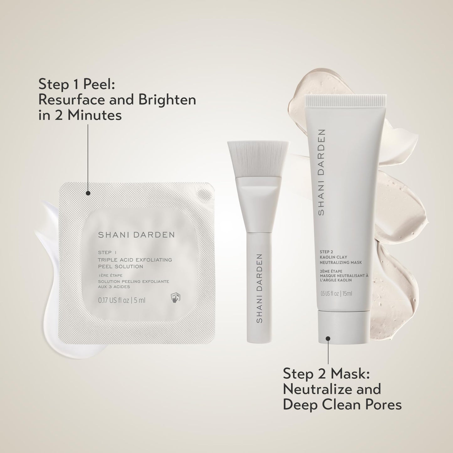 SHANI DARDEN SKIN CARE Triple Acid Peel, 2-Step Exfoliating Face Peel Treatment (2 Peels) with Mandelic, Lactic/Glycolic Acids, and Kaolin Clay Neutralizing Mask (0.5 fl oz) & Brush