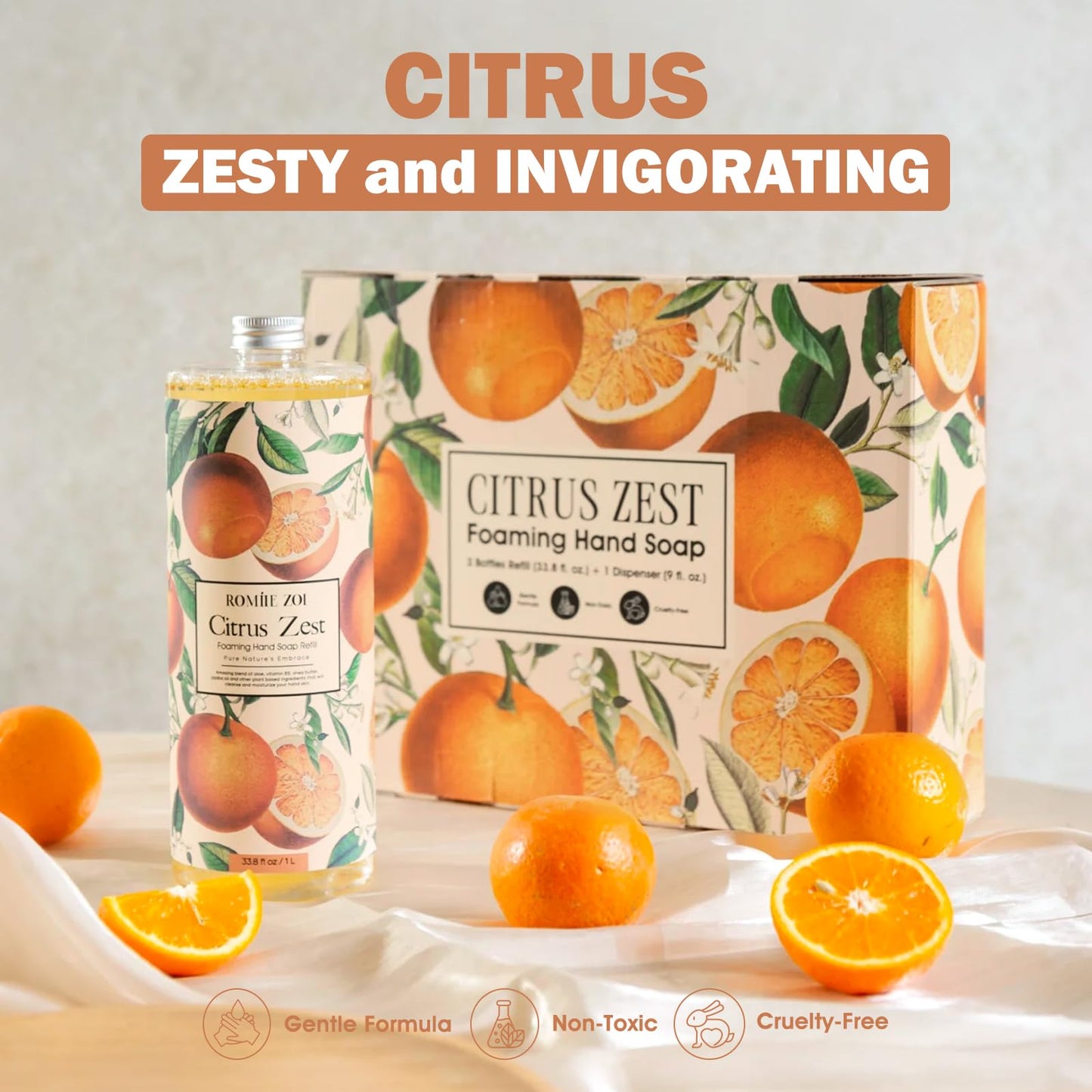 ROMIIE ZOI Citrus Zest Foaming Hand Soap Refill Gift Set – 3 Pack (33.8 Fl Oz Each) with Refillable Dispenser, Moisturizing, Biodegradable & Chemical-Free Formula for Kitchen, Bathroom, Sensitive Skin