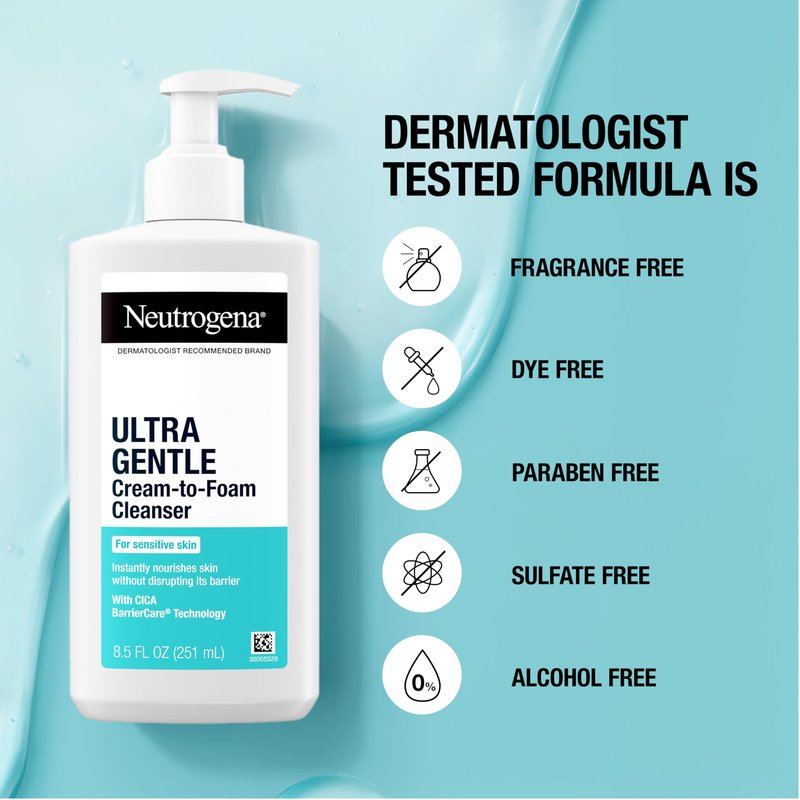 Neutrogena Ultra Gentle Cream-to-Foam Daily Facial Cleanser, Transforms from a Creamy Cleanser to a Foaming Face Wash, Gently Cleanses Sensitive Skin, Fragrance-Free, Hypoallergenic, 8.5 oz