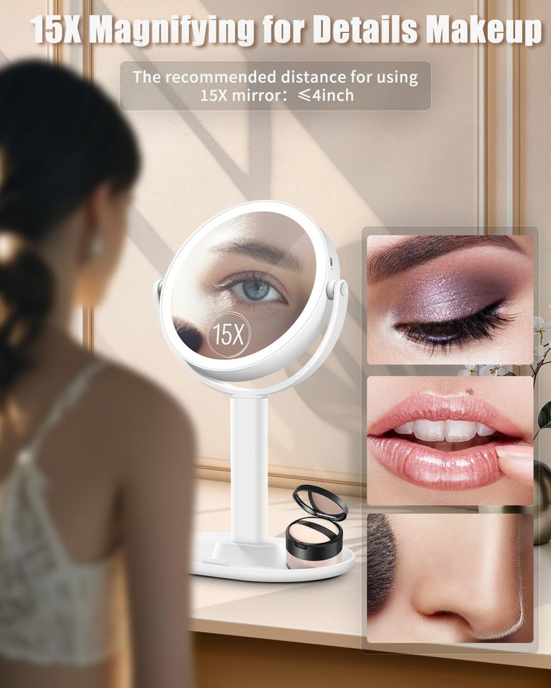 15X Magnifying Makeup Mirror with Lights - Double-Sided 360° Rotation, Rechargeable, Adjustable Brightness for Vanity & Bedroom