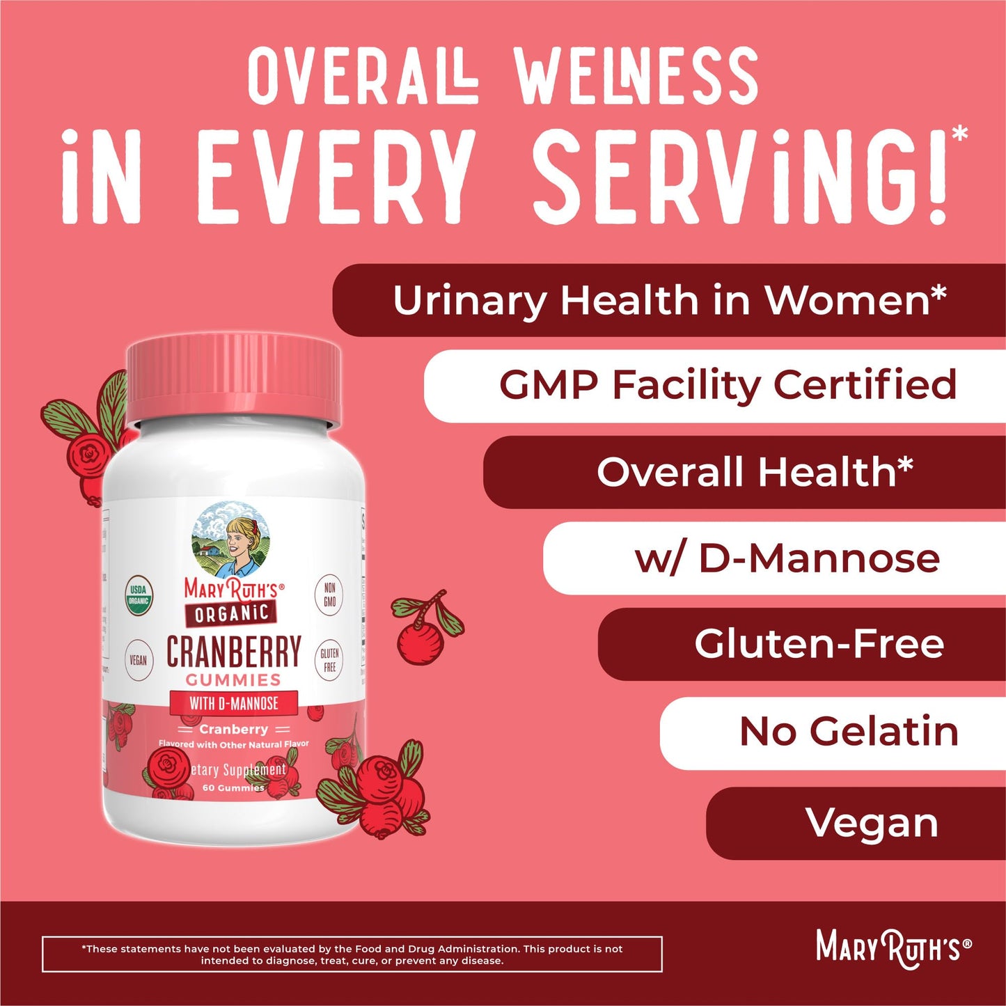 MARYRUTH'S Organics Organic Cranberry Gummies - 500mg Supplement | Urinary Tract Health for Women | with D Mannose | Traditional Use | USDA Organic | Vegan | Non GMO | 30 Servings