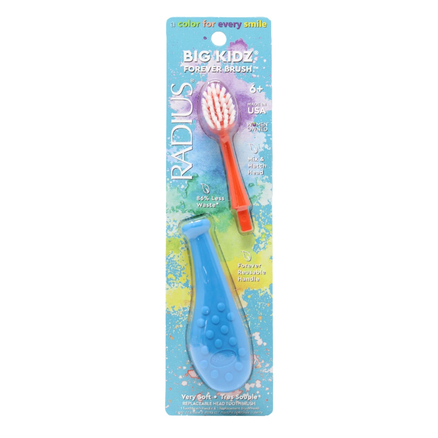 Radius Big Kidz Forever Brush with Replaceable Head Toothbrush for Children, 6 Years and Up, BPA Free ADA Accepted for Growing Teeth and Gums - Right and Left Handed, Extra Soft